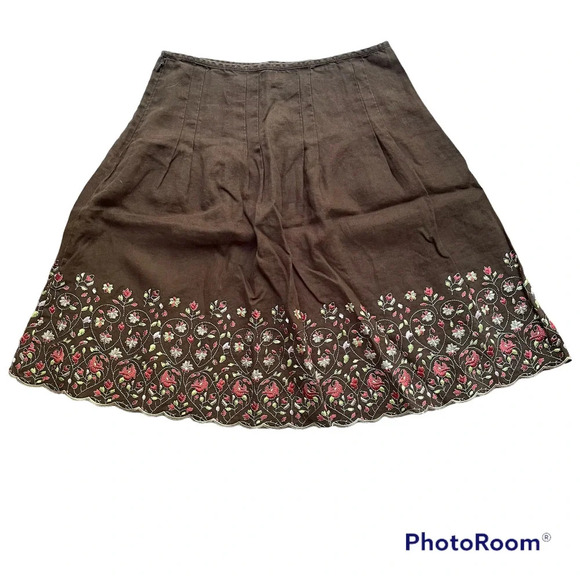 Ann Taylor Linen Skirt Embroidered Floral Brown Size 4 Petite - Picture 4 of 9